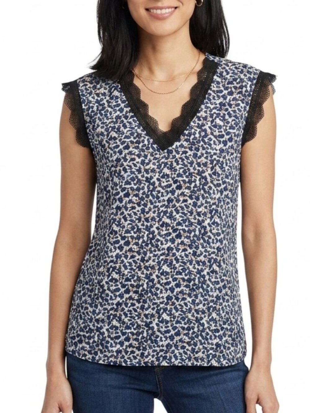 Dex Navy/Teal Abstract Print Lace Trim Top NEW- Sz. XS